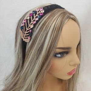 Gold Blue Pink Crystals Leaf Black Lace Hairband
